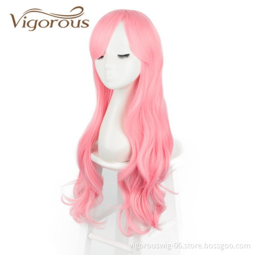 Inclined Bangs Heat Resistant Natural Wholesale Cheap Price Pink Crazy  Long Body Wave Cosplay For Party Synthetic Wigs